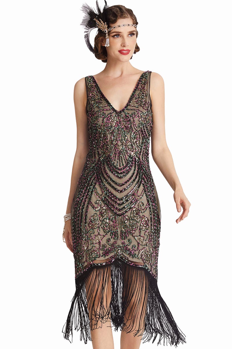 BABEYOND Flapper Dresses 1920s V Neck Beaded Fringed Great Gatsby Dress (Black Apricot, M) - Image 1